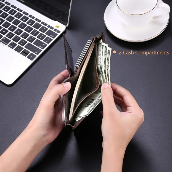 🆕Men's Coffee Leather RFID Bifold Wallet Large Capacity Credit Card Holder - Picture 2 of 6